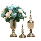 2x Clear Bronze Glass Vase with Lid and Blue Flower Set