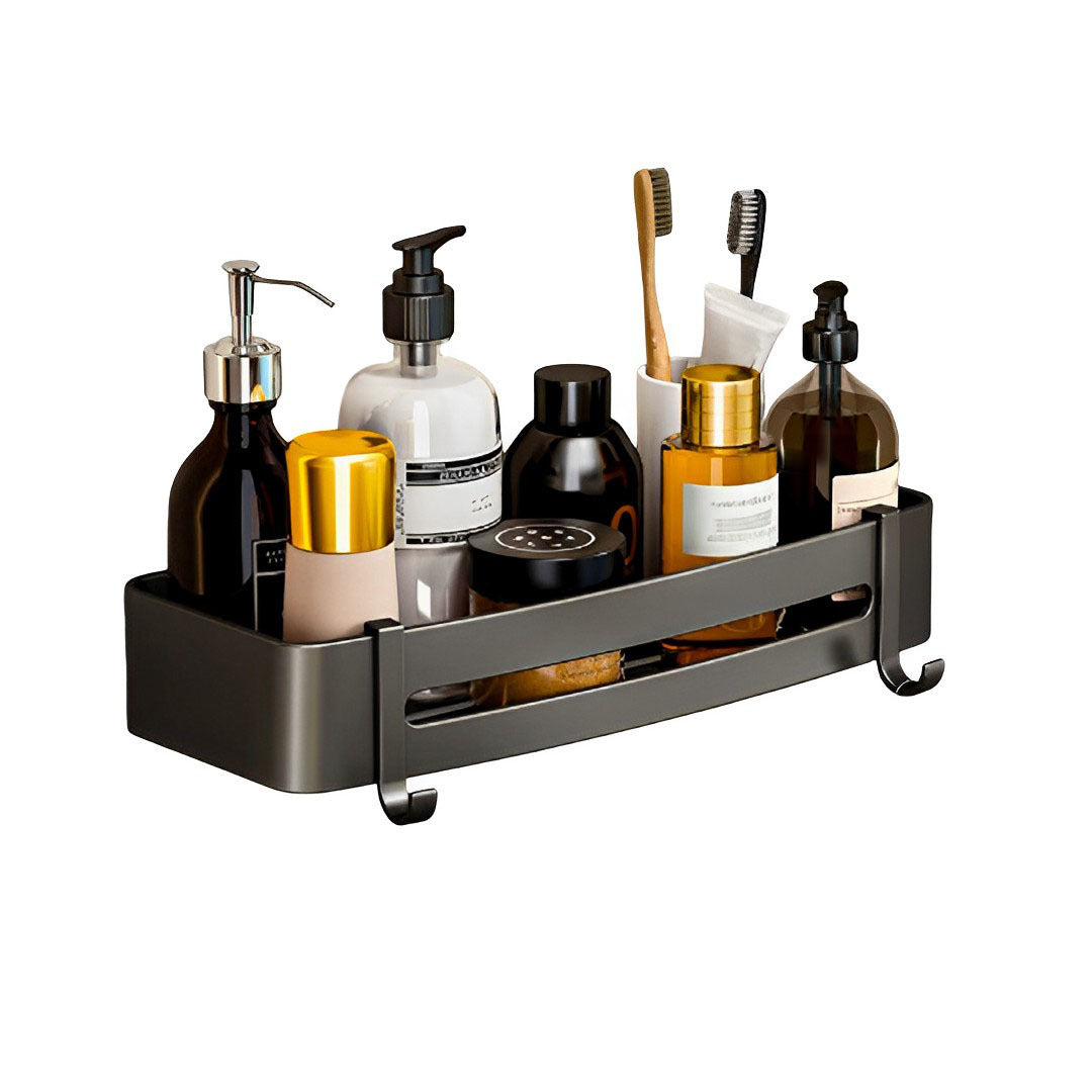 Black Wall-Mounted Rectangular Bathroom Storage Shelf Rack with Hooks