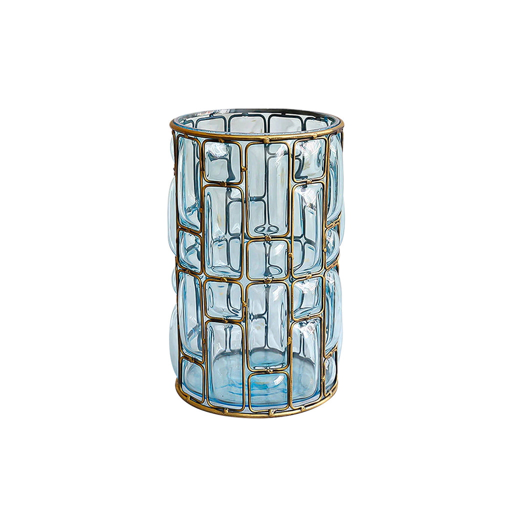 Blue European Glass Flower Vase with Gold Metal Pattern