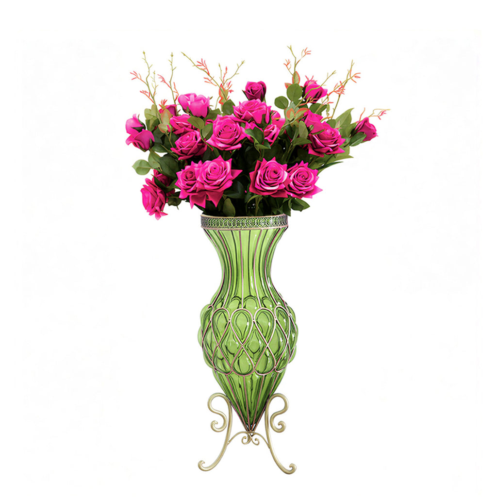 67cm Green Glass Floor Vase and 12pcs Dark Pink Artificial Flower Set