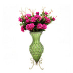 67cm Green Glass Floor Vase and 12pcs Dark Pink Artificial Flower Set