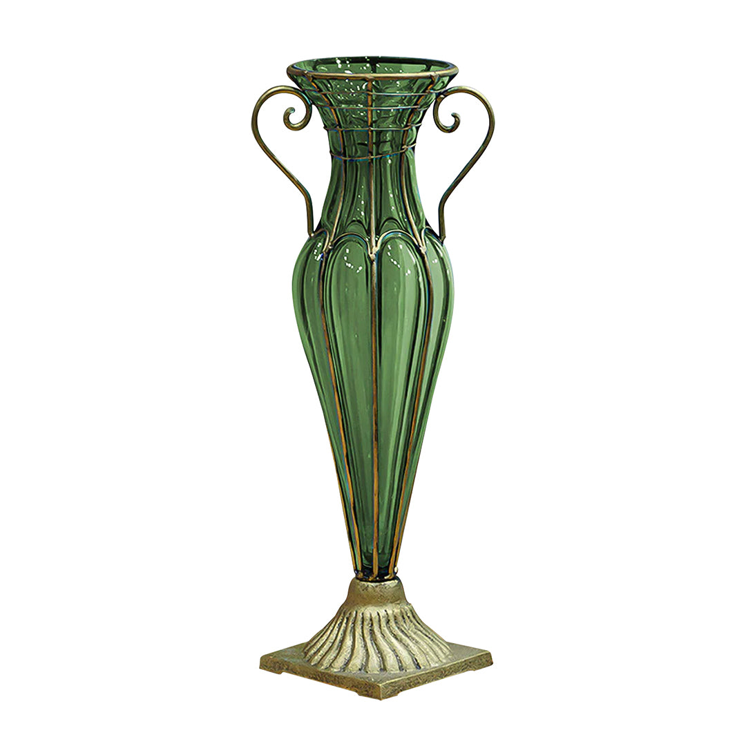 Green European Glass Flower Vase with Two Gold Metal Handle