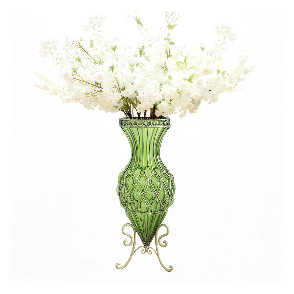 67cm Green Glass Floor Vase with 10pcs White Artificial Flower Set