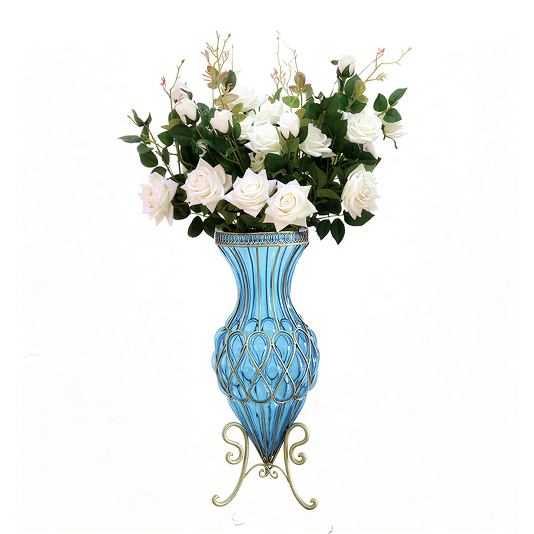 67cm Blue Glass Floor Vase and 12pcs White Artificial Flower Set