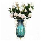 51cm Blue Glass Floor Vase with 12pcs White Artificial Flower Set