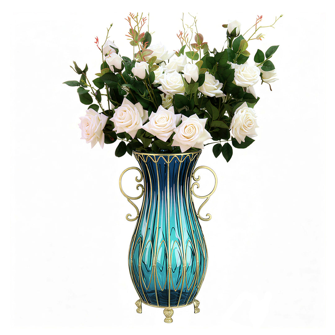 51cm Blue Glass Floor Vase with 12pcs White Artificial Flower Set