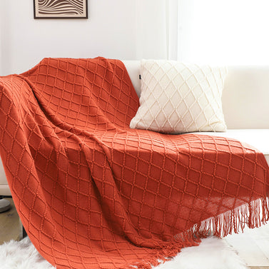 Red Diamond Pattern Knitted Throw Blanket