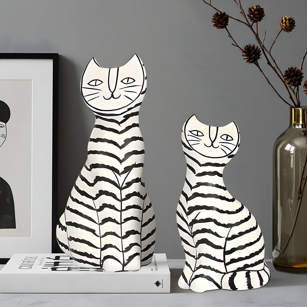 SOGA 22cm and 27cm Black & White Striped Cat Resin Sculptures for Stylish Home Décor