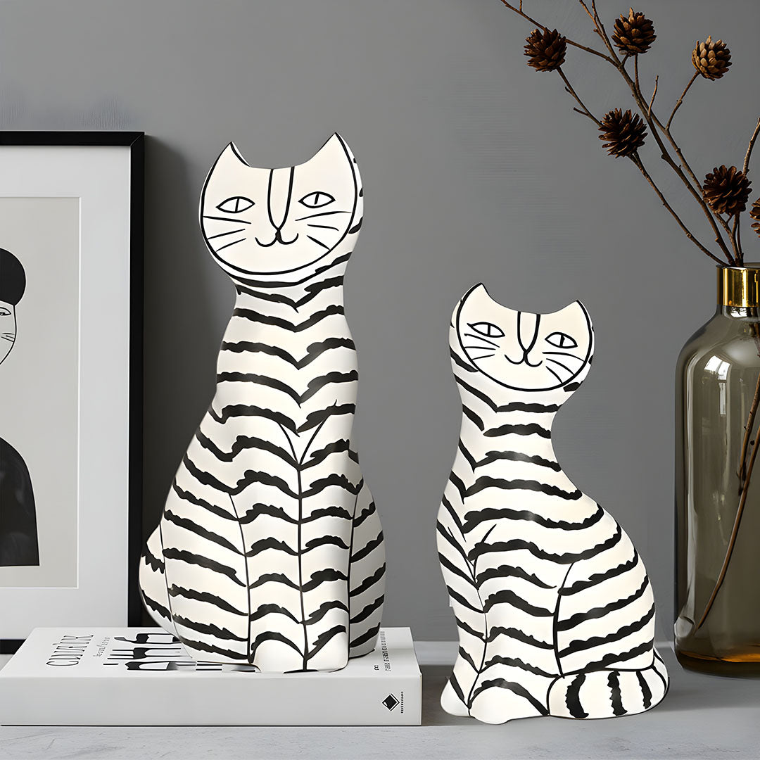 SOGA 22cm and 27cm Black & White Striped Cat Resin Sculptures for Stylish Home Décor