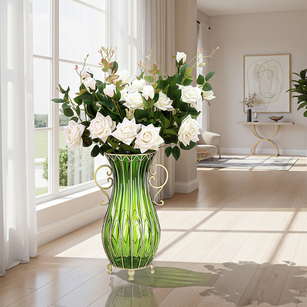 51cm Green Glass Floor Vase with 12pcs White Artificial Flower Set