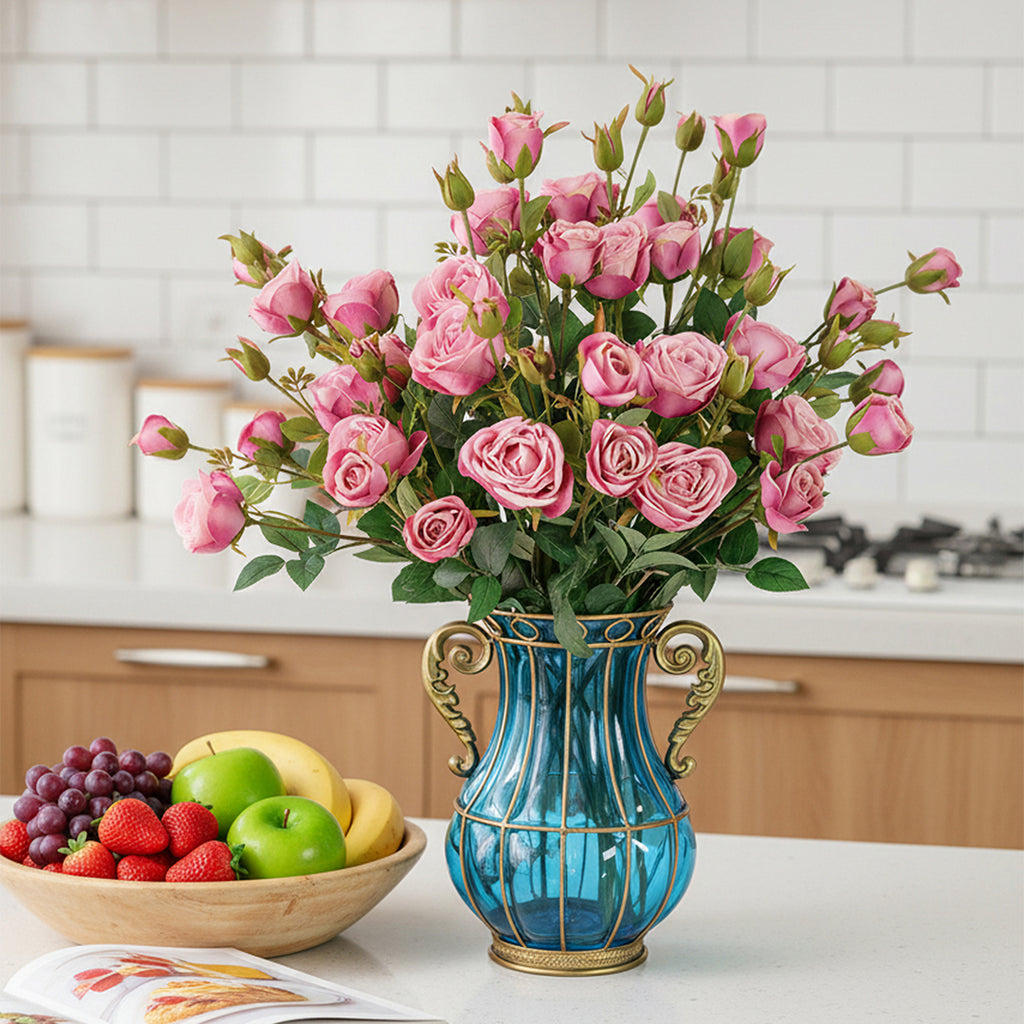 Blue Glass Flower Vase with 10 Bunch 6 Heads Artificial Silk Rose Set