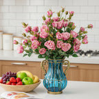 Blue Glass Flower Vase with 10 Bunch 6 Heads Artificial Silk Rose Set