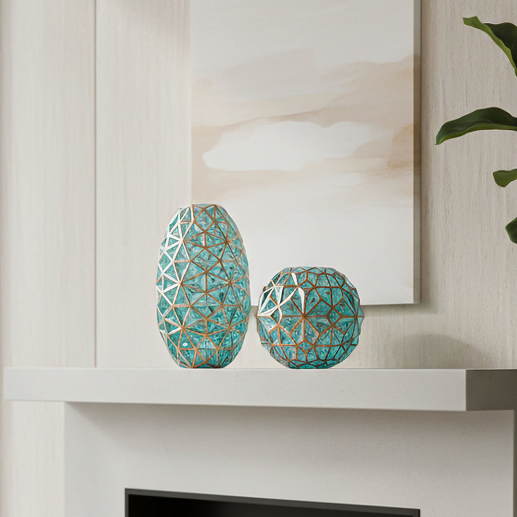 Green Diamond Cut Glass Flower Vase with Gold Accent