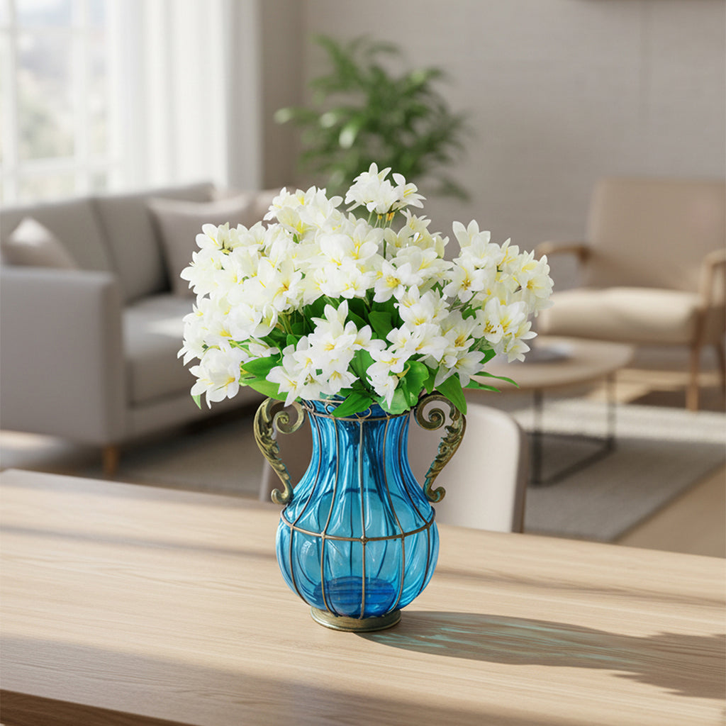 Blue Glass Flower Vase with 10 Bunch 6 Heads Artificial Silk Lilium nanum Set