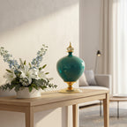 38cm Ceramic Vase with Gold Metal Base Green