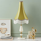 SOGA Jade Stone Base Table Lamp Vintage Yellow Shade Tassel Fringe Bedside Desk Light