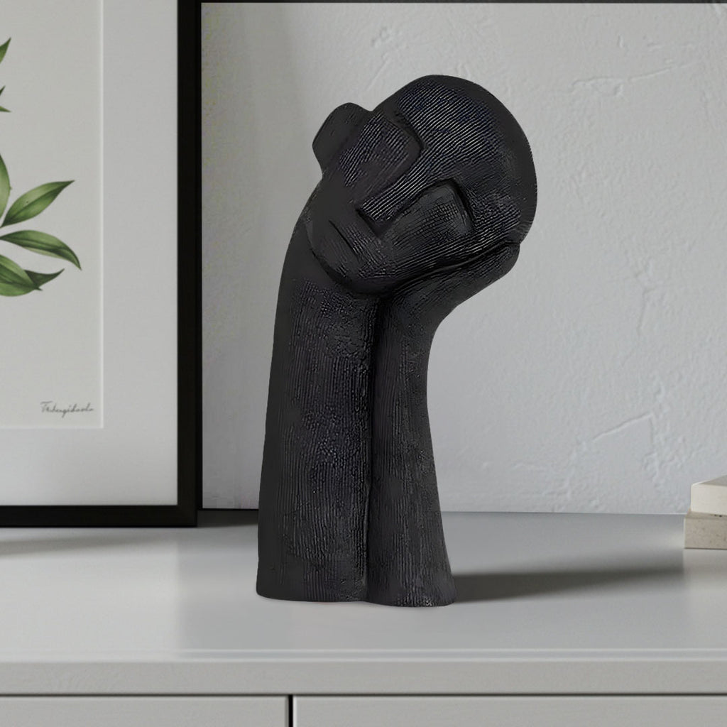 SOGA 38cm Black Minimalist Head Resin Sculpture with Hand at Side and Linear Texture for Home Décor