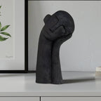 SOGA 38cm Black Minimalist Head Resin Sculpture with Hand at Side and Linear Texture for Home Décor