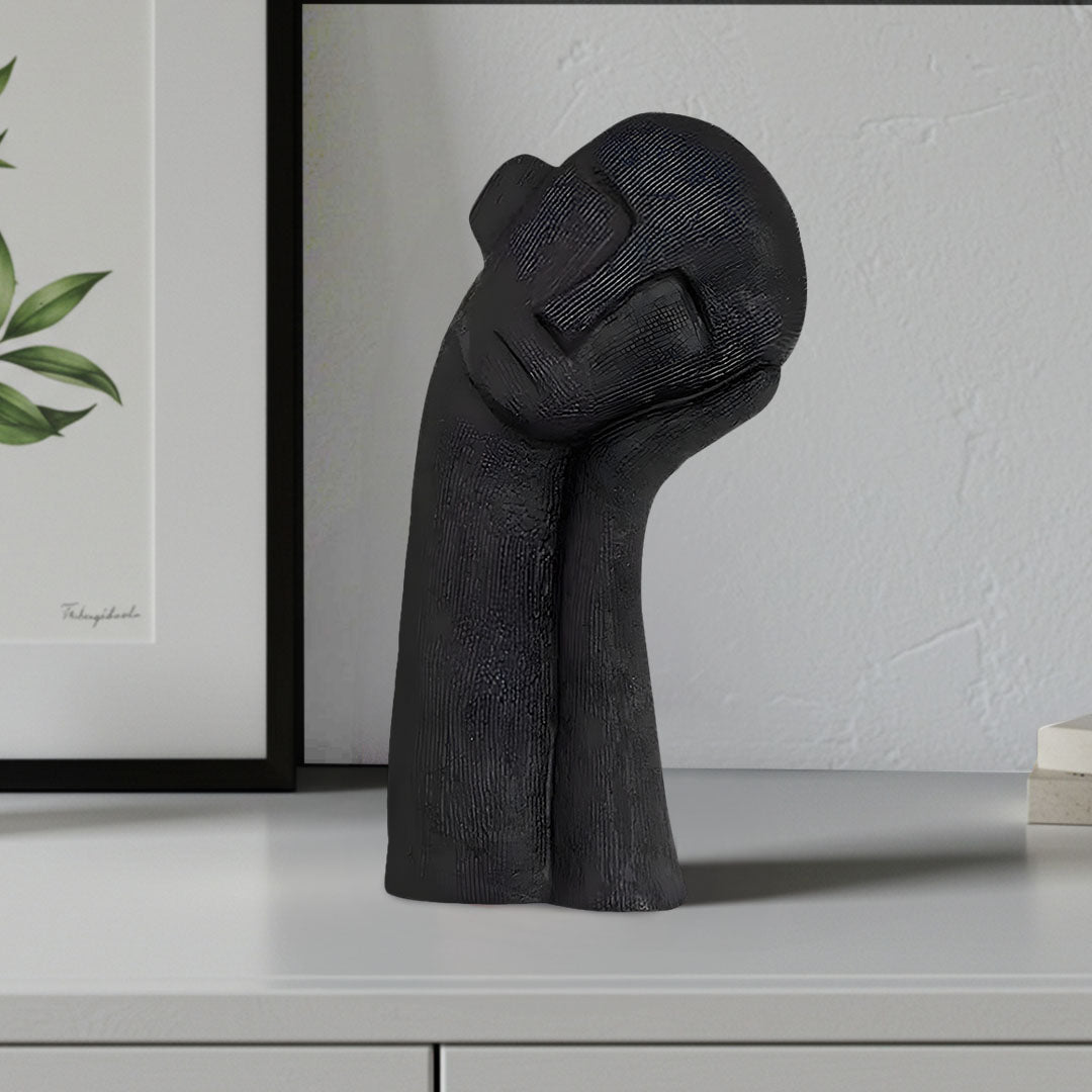 SOGA 38cm Black Minimalist Head Resin Sculpture with Hand at Side and Linear Texture for Home Décor