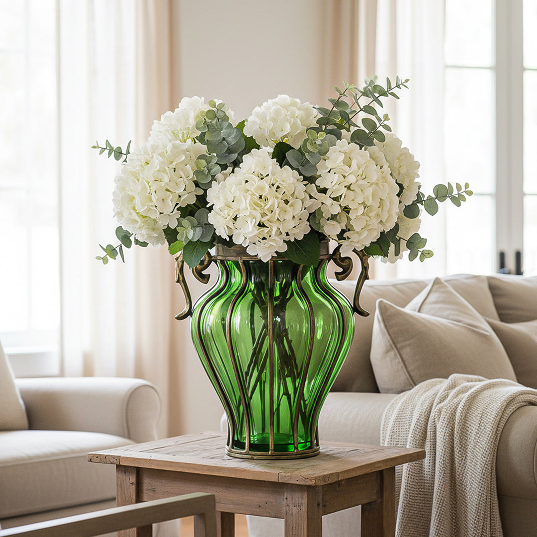 Green European Glass Flower Vase with Two Metal Handle