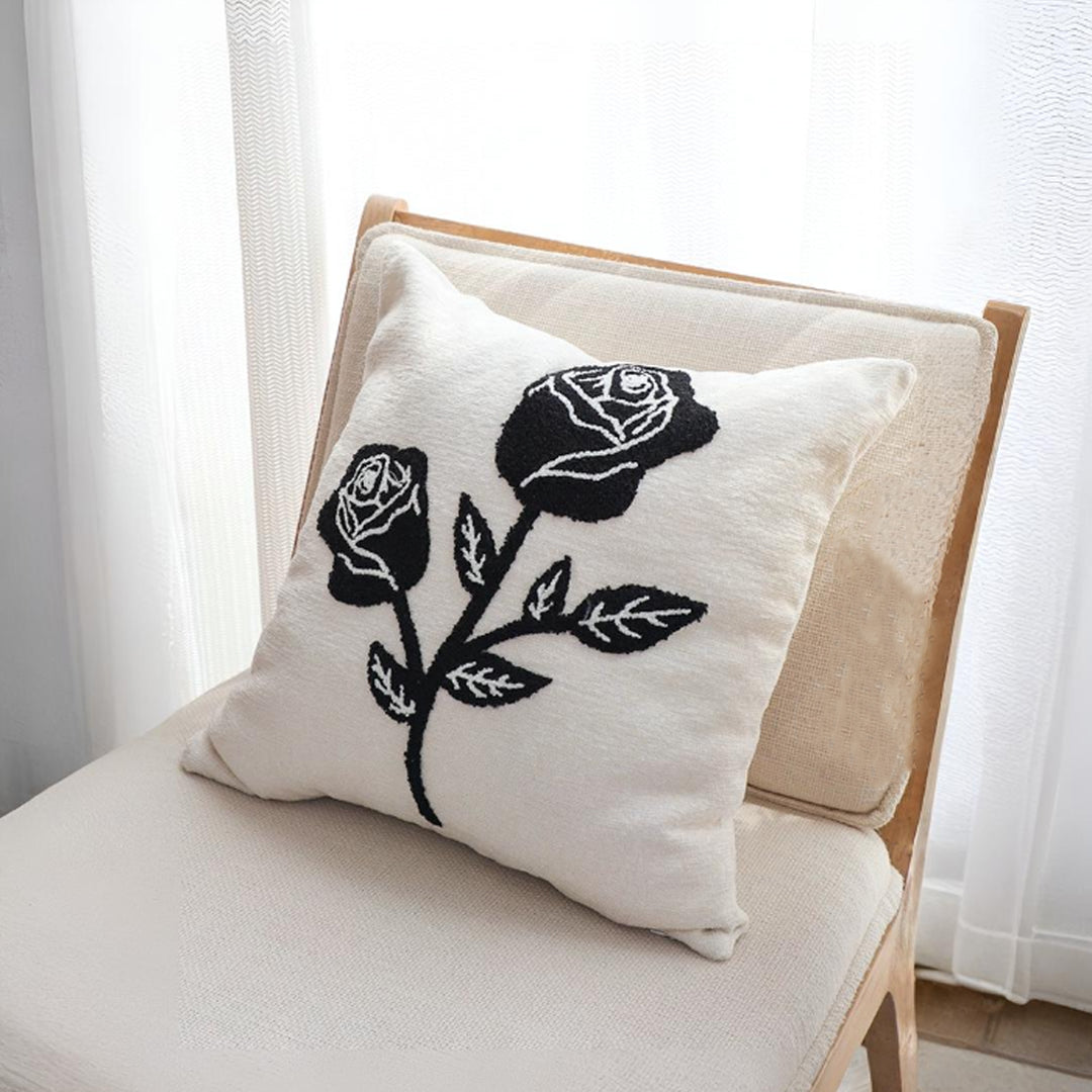 SOGA 45cm White Black Single Rose Embroidered Throw Pillow