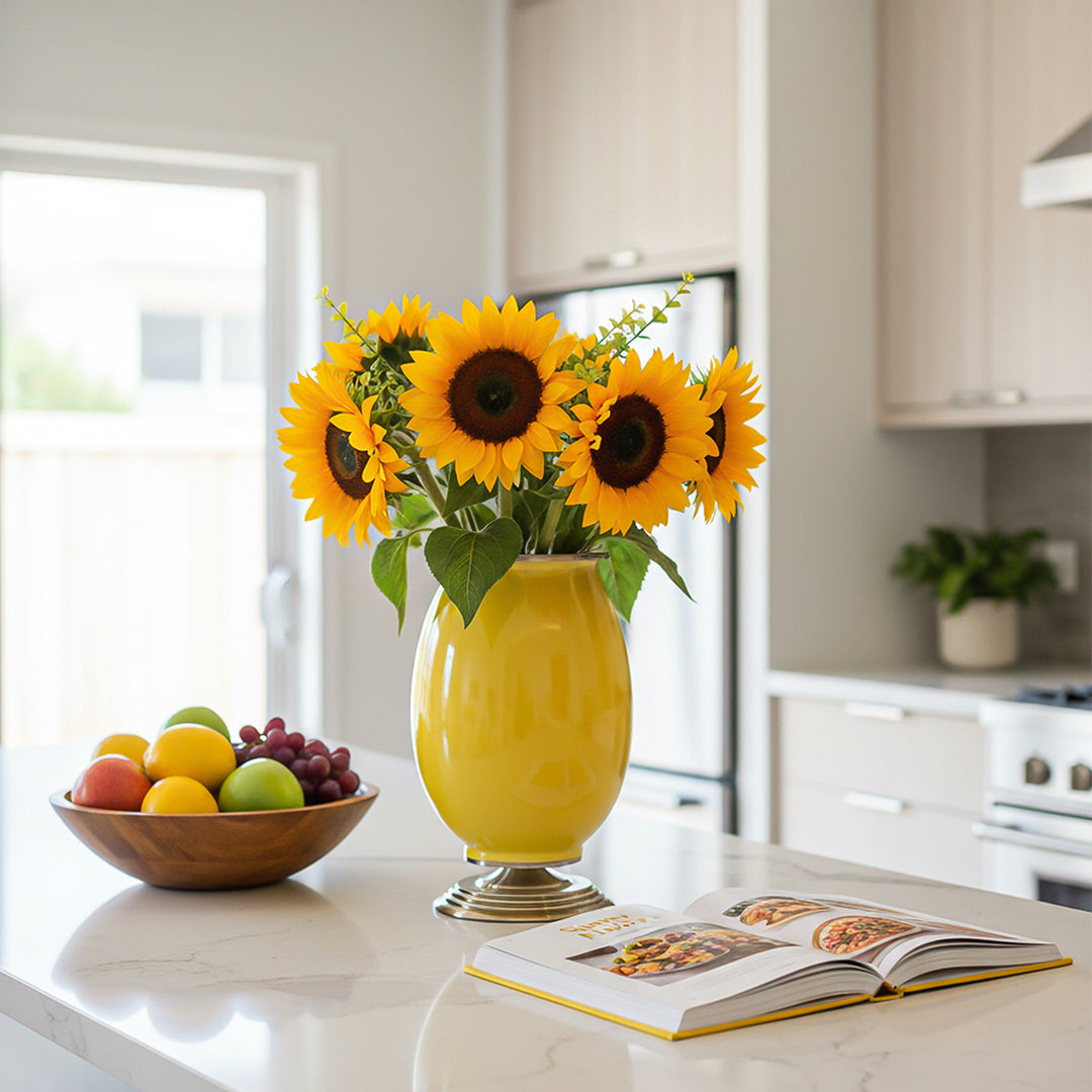 40cm Ceramic Vase with Gold Metal Base Yellow