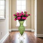 67cm Green Glass Floor Vase and 12pcs Dark Pink Artificial Flower Set