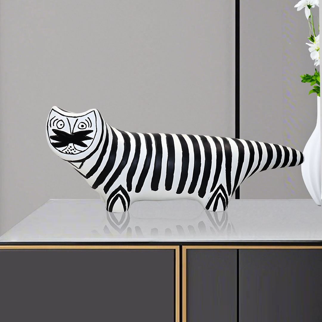 SOGA 47cm Elongated Black and White Striped Cat Resin Sculpture for Modern Home Décor