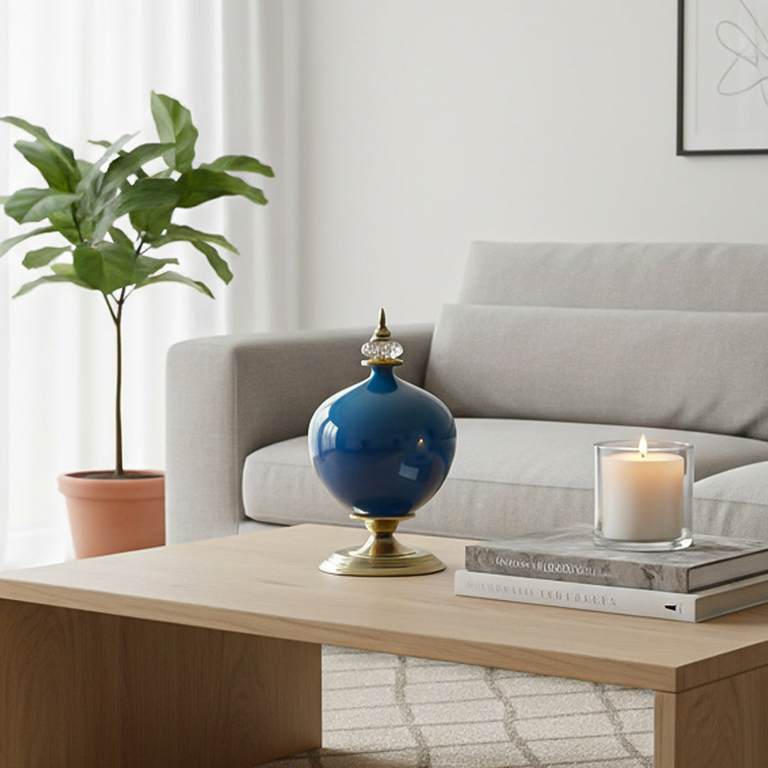 38cm Ceramic Vase with Gold Metal Base Dark Blue