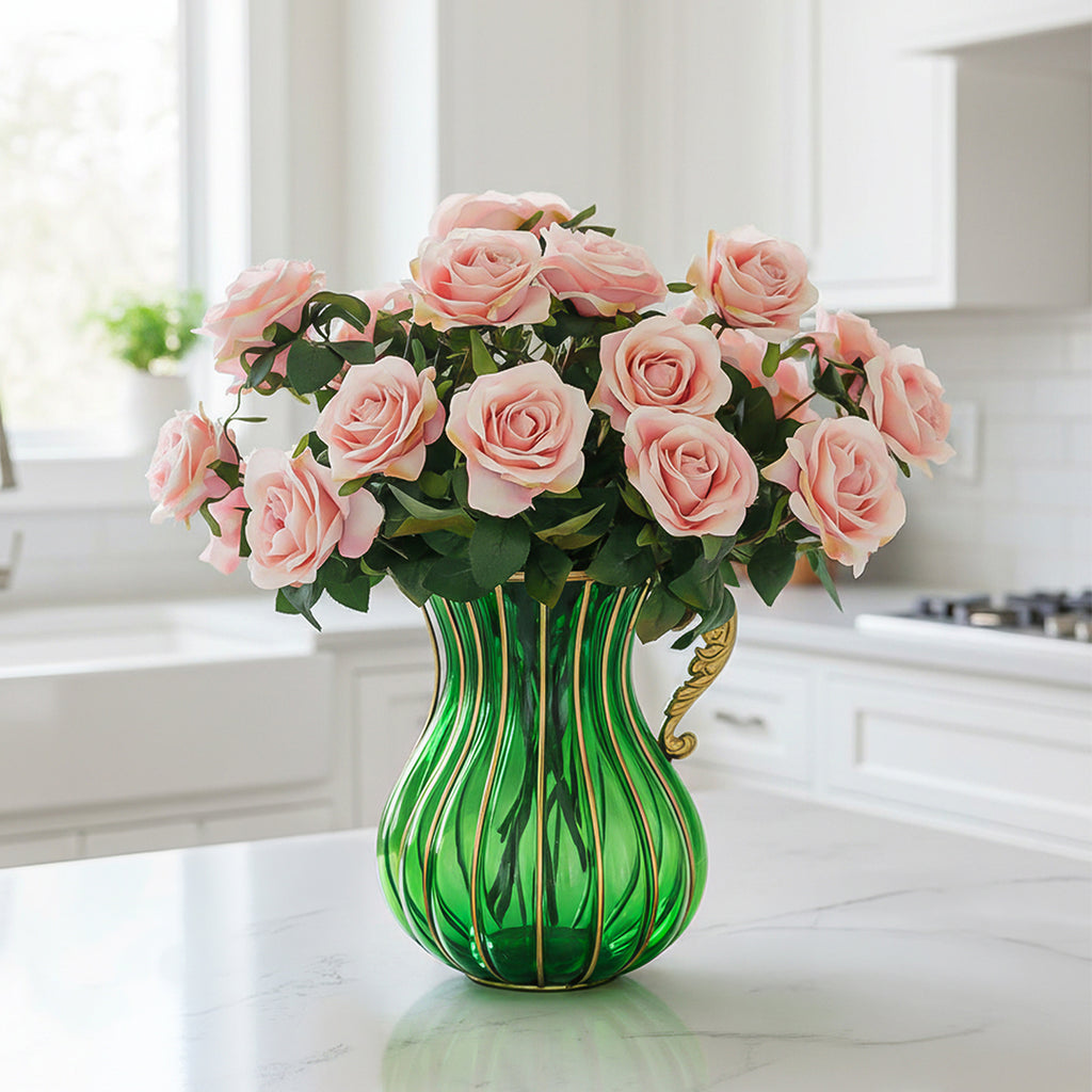 Green Glass Flower Vase with 4 Bunch 9 Heads Artificial Silk Rose Set