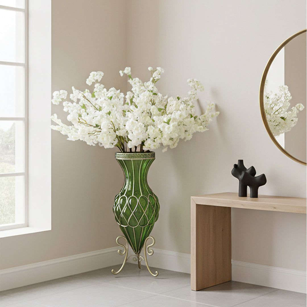 67cm Green Glass Floor Vase with 10pcs White Artificial Flower Set