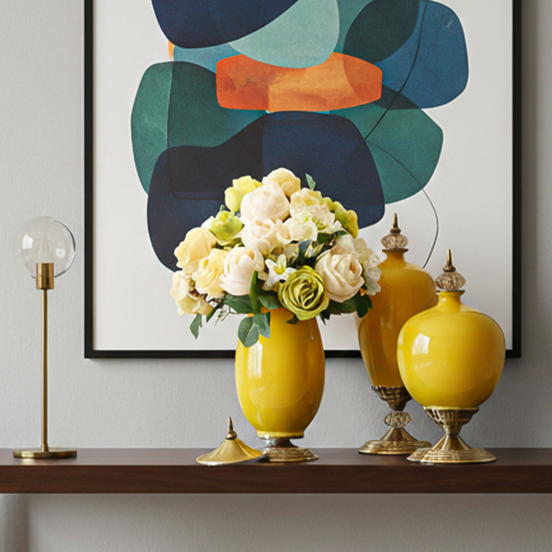 3x Ceramic Vase with Blue Flower Set Yellow