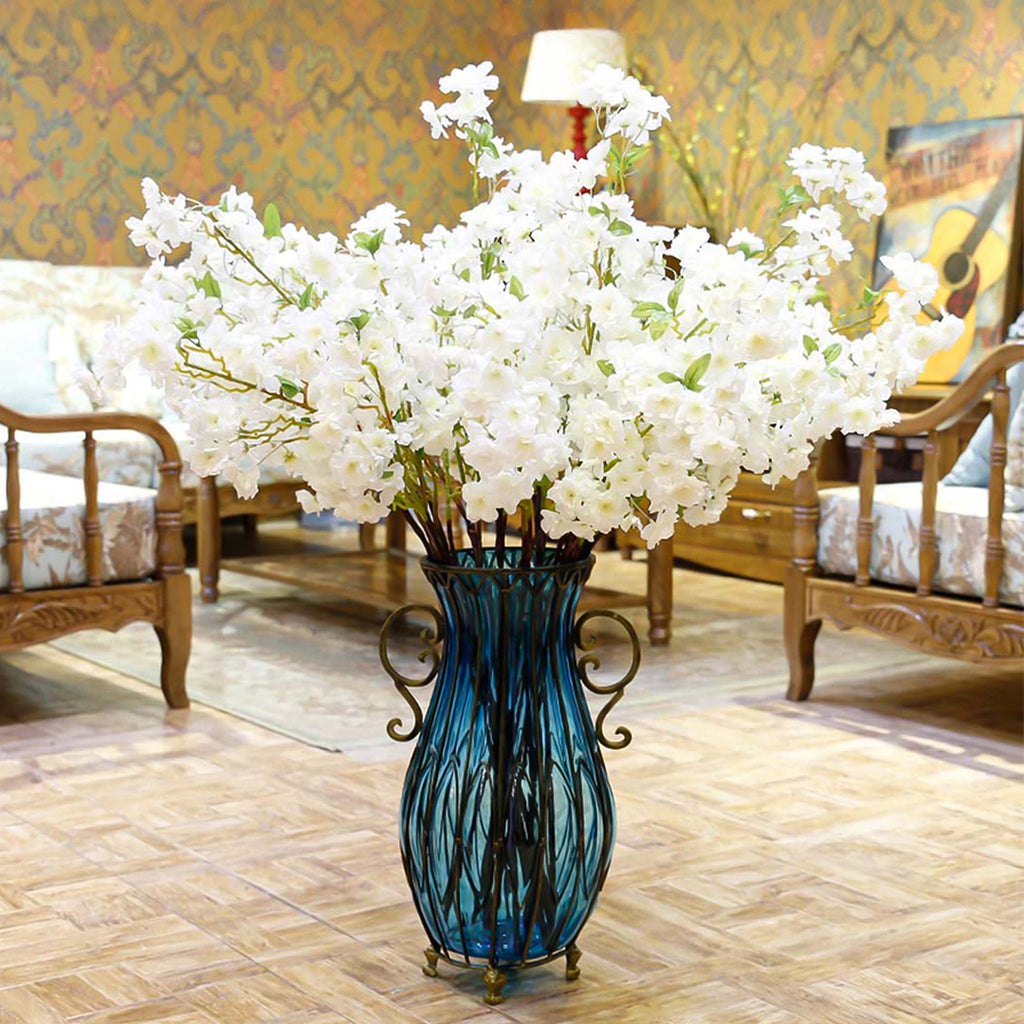 51cm Blue Glass Floor Vase with Metal Stand