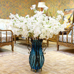 51cm Blue Glass Floor Vase with Metal Stand