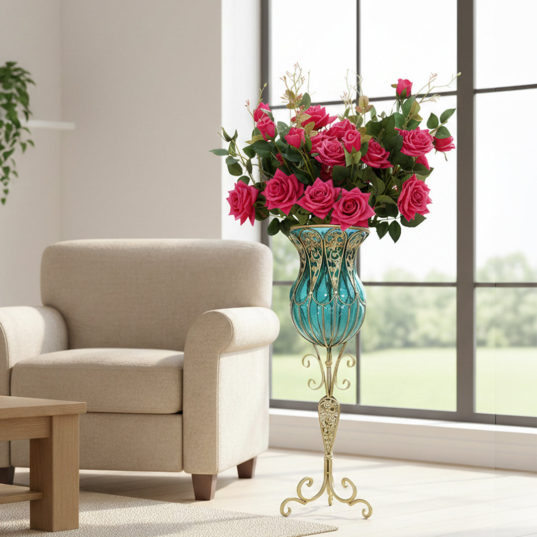 85cm Blue Glass Floor Vase and 12pcs Dark Pink Artificial Flower Set