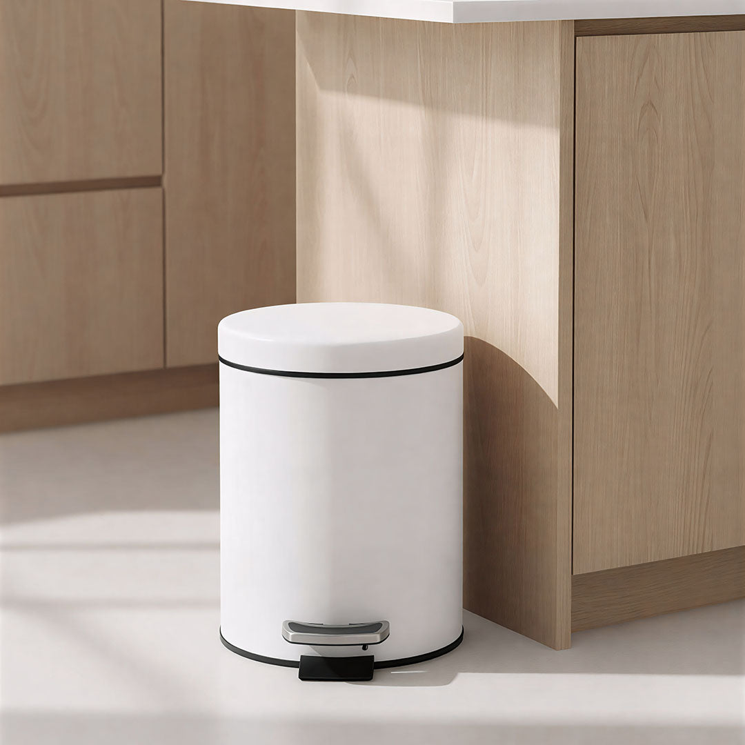 Foot Pedal Stainless Steel Trash Bin Round 7L White
