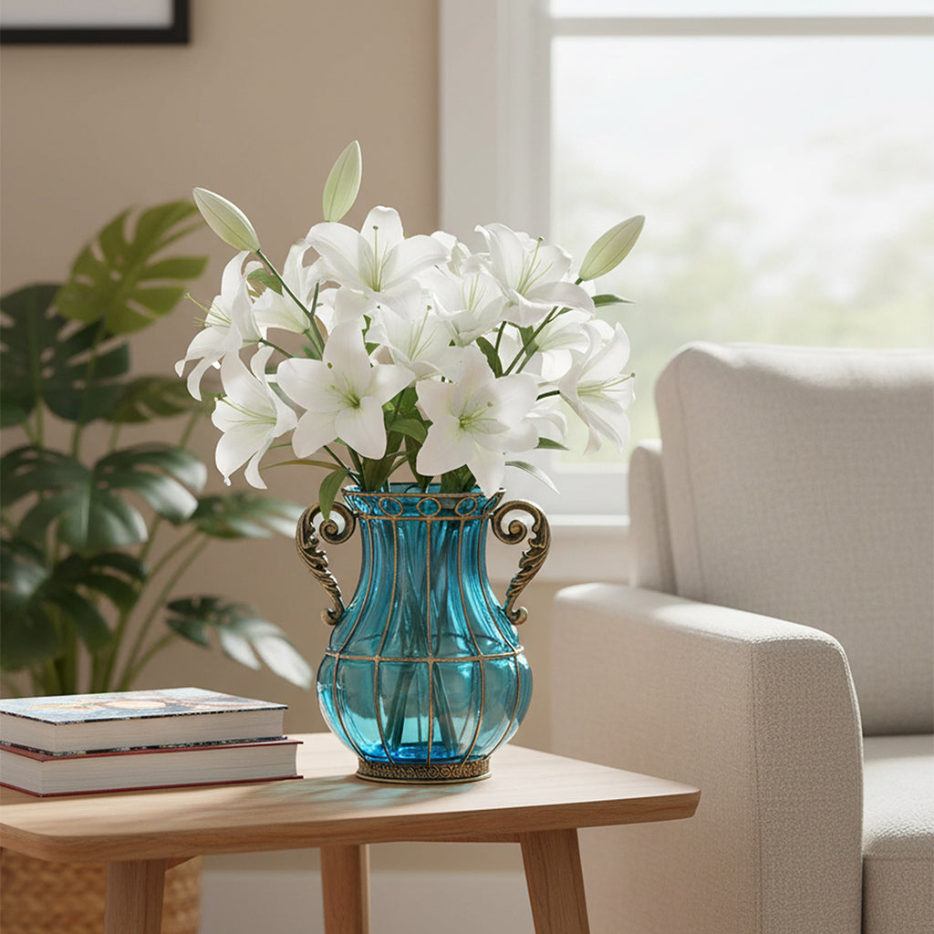 Blue European Glass Flower Vase with Two Metal Handle