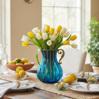 Blue European Glass Flower Vase with Metal Handle