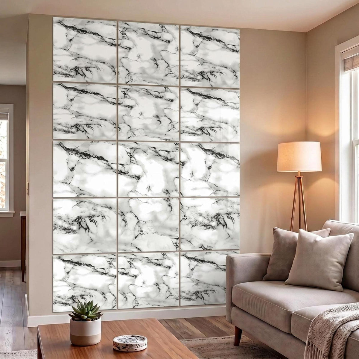 SOGA Peel & Stick Floor and Wall Tiles 30 x 30cm 10 Pack Black White Faux Marble