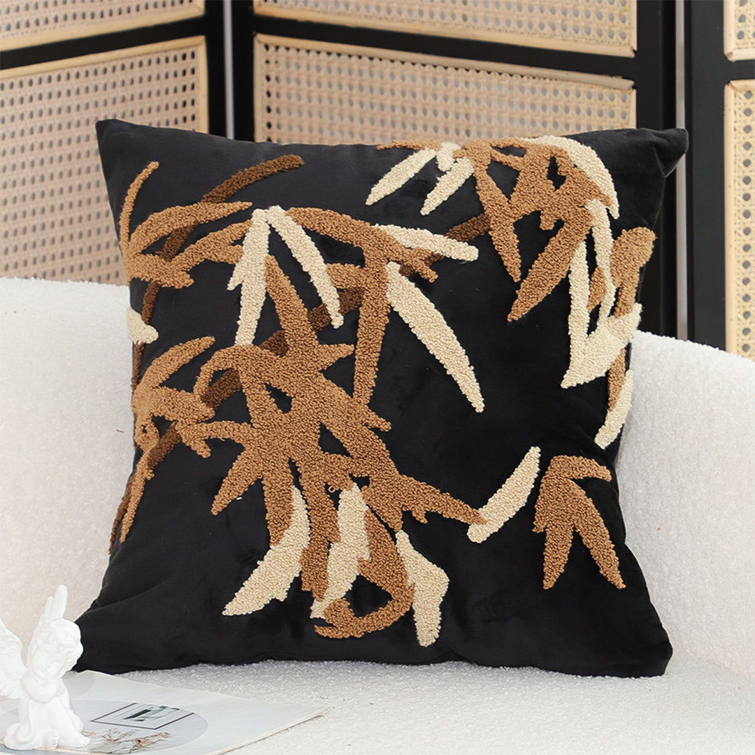 SOGA 45cm Black Brown Bamboo Leaf Botanical Embroidered Throw Pillow