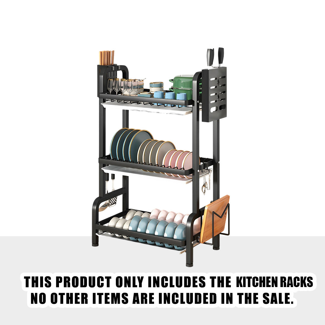 3 Tier Steel Black Kitchen Drying Rack Dish 62cm