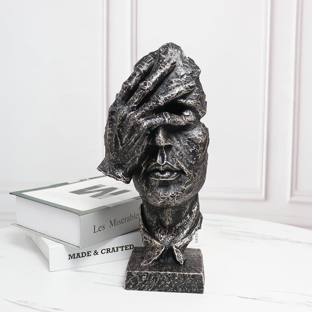 SOGA 30cm Black Resin Sculpture Covered Eyes Face Design Modern Art for Home Décor