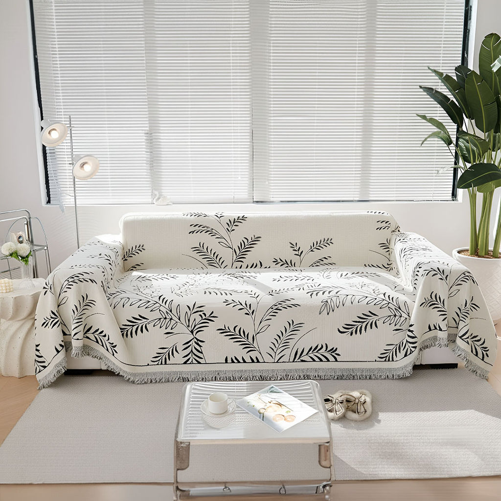 SOGA Four-seater White Sofa Cover Leaf Print 180x420cm Polyester