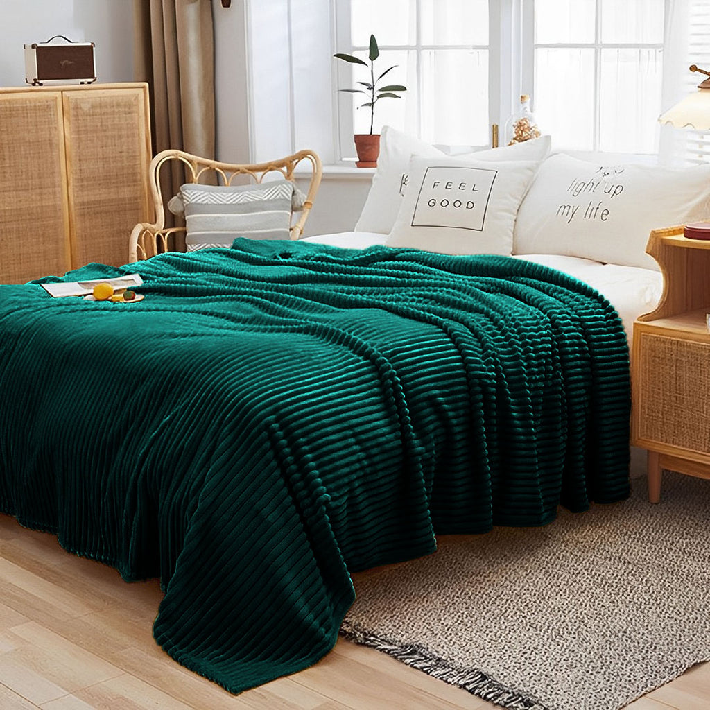 Dark Green Throw Blanket Warm Cozy Striped
