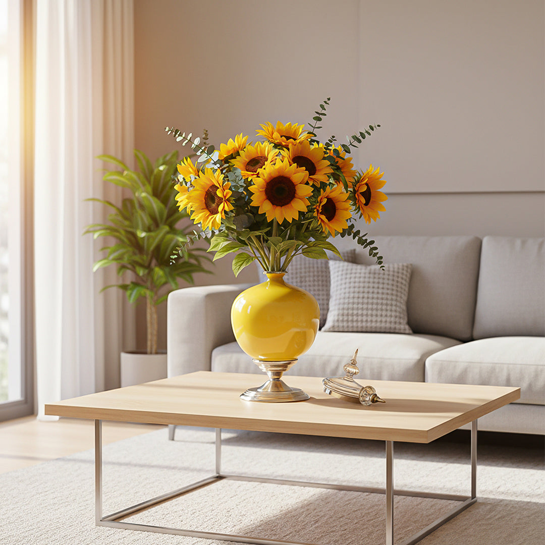 38cm Ceramic Vase with Gold Metal Base Yellow