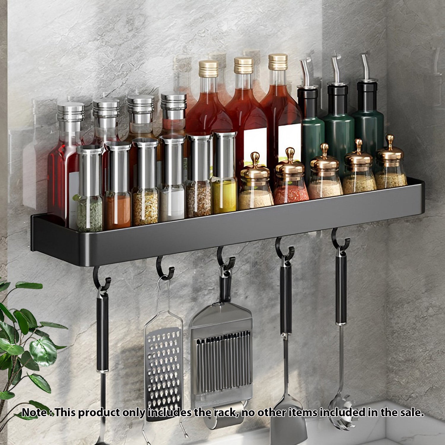 50cm Black Rectangular Kitchen Spice Rack with Hooks