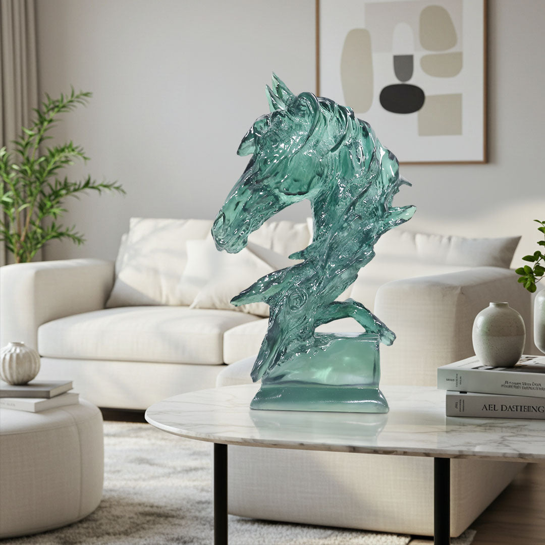 SOGA 37cm Green Horse Head Resin Sculpture Flowing Mane Design Modern Art for Home Décor