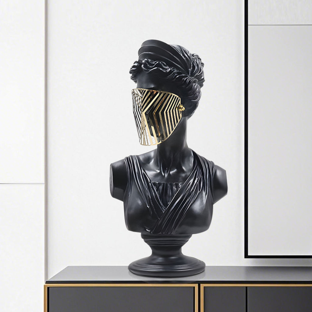 SOGA 40cm Black Classical Bust Sculpture Resin with Gold Striped Mask for Modern Home Décor