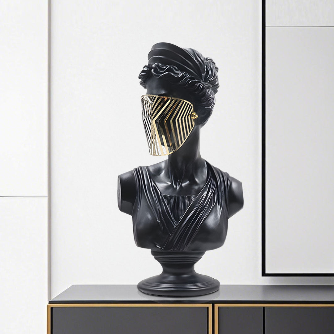 SOGA 40cm Black Classical Bust Sculpture Resin with Gold Striped Mask for Modern Home Décor