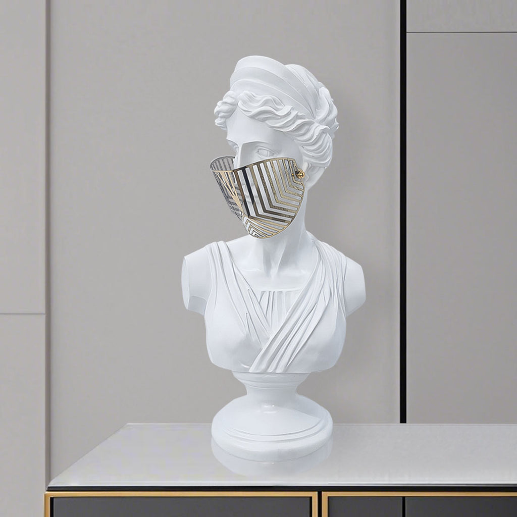 SOGA 40cm White Classical Bust Sculpture Resin with Gold Striped Mask for Modern Home Décor